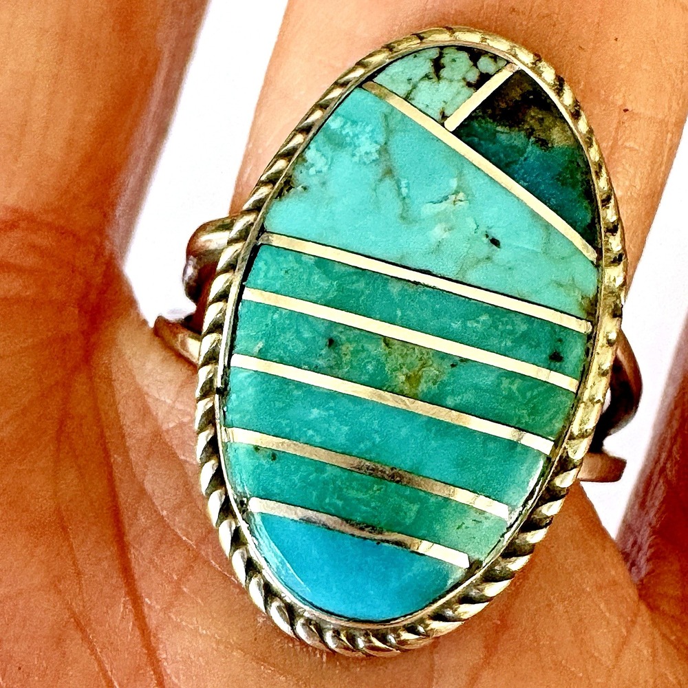 Navajo Ring Sz 8 Mixed Turquoise Inlay Signed D Noble Sterling Native American
